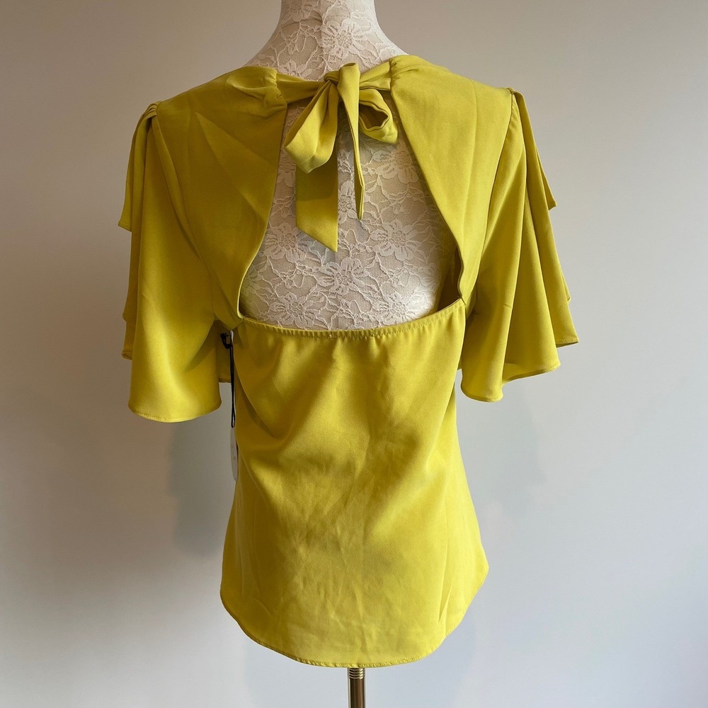Milk & Honey Womens Yellow Flutter Sleeve Bow Back Cutout Blouse Top Size S Nwt